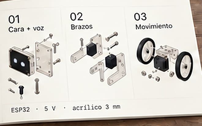 Guía de ensamblaje con los tres módulos del robot: cara y voz, brazos y movimiento