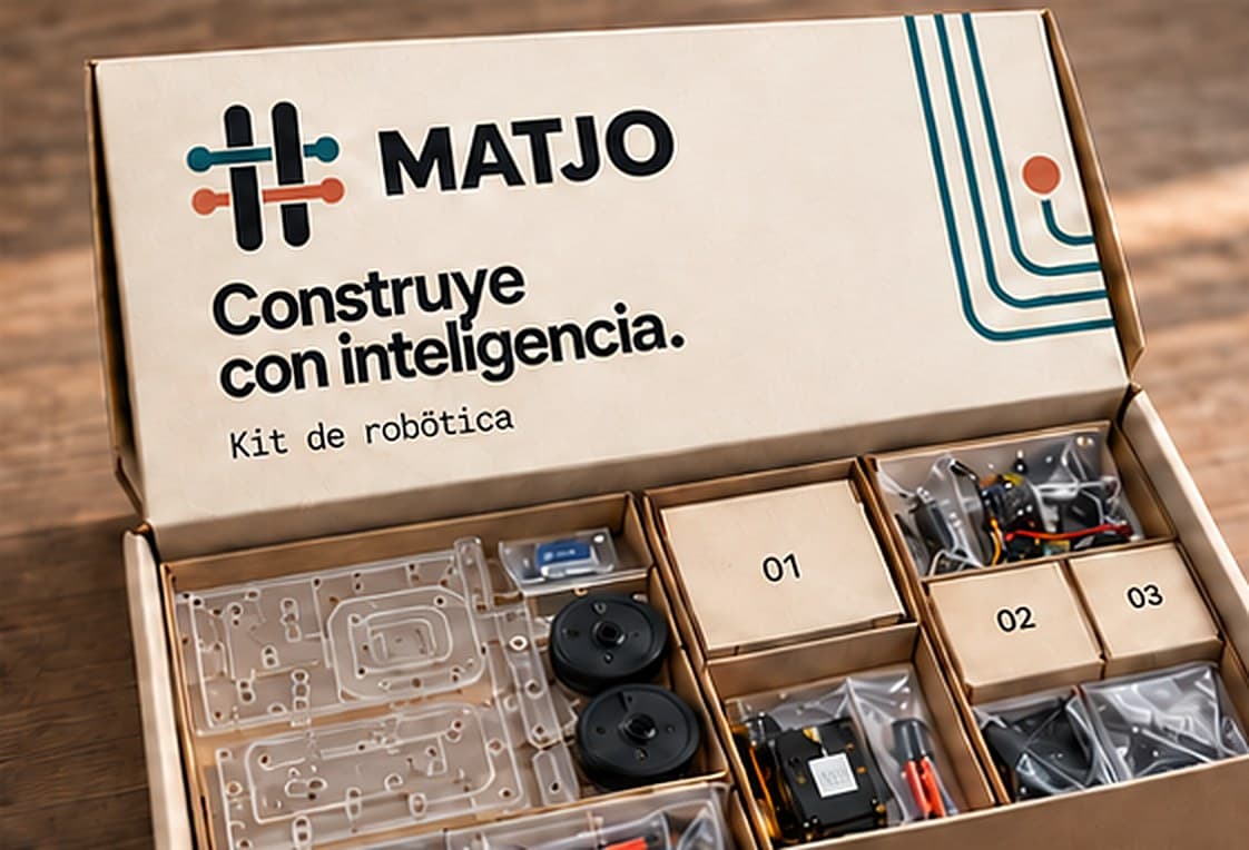 Caja del kit Mātjō abierta con piezas de acrílico, motores y componentes