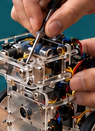Manos armando el chasis de un robot con un desarmador