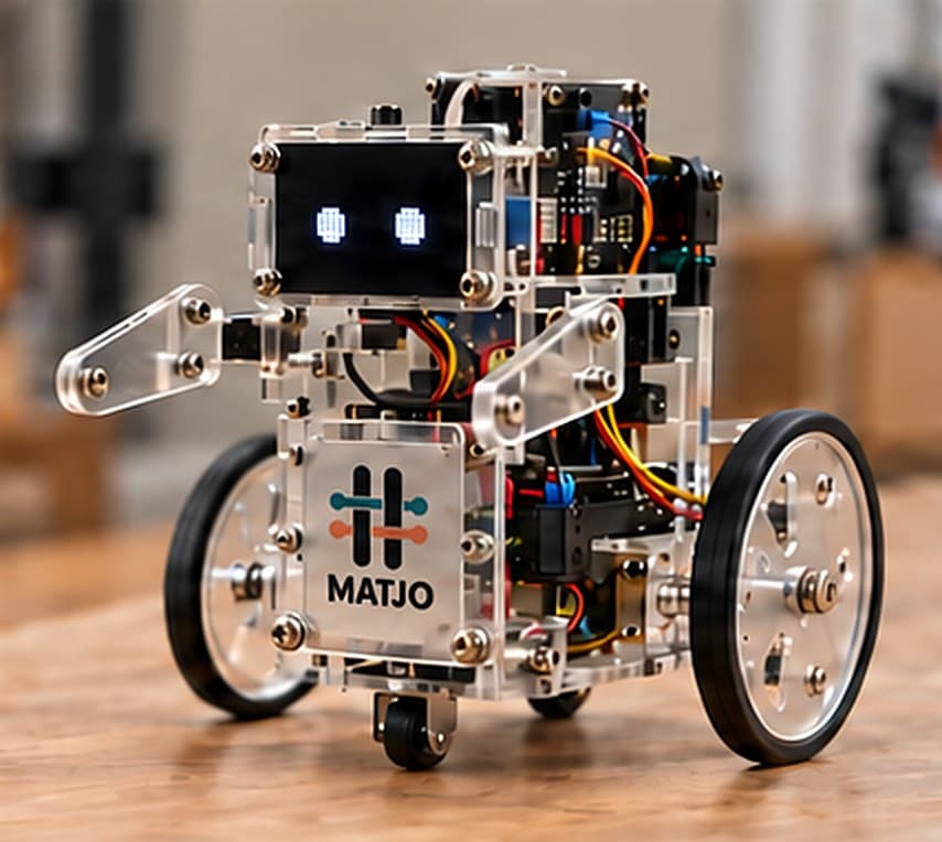 Robot asistente Mātjō sobre un escritorio de taller
